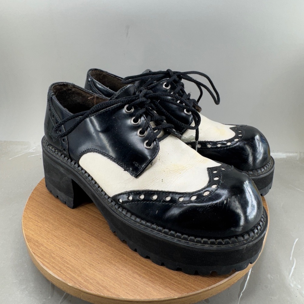 Bed Stu Platform Wingtip Oxfords 9.5 Black White Goth Grunge Chunky Lug Sole - Picture 1 of 15
